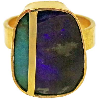 Hand Forged Australian Boulder Opal Minimalist Gold Ring