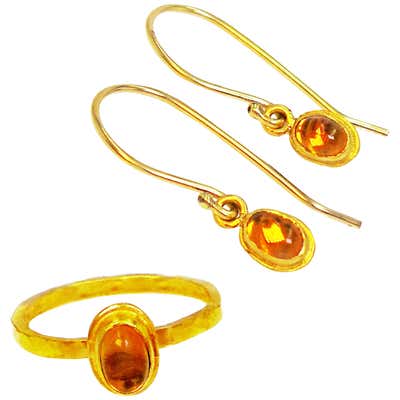 Spessartine Garnet 22 Karat Gold Ring and Dangle Earrings Set