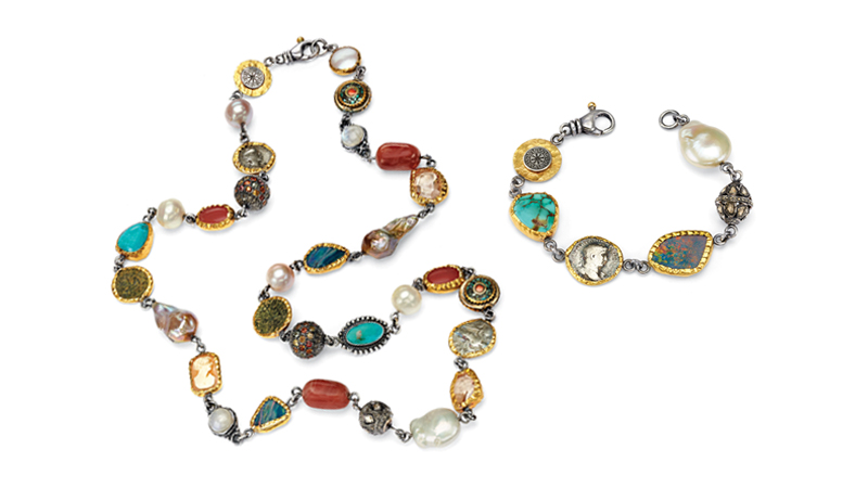 Bohemian- Unique One-of-a-Kind Bohemian necklace and bracelet set with sterling silver, 24k gold, ancient coins, pearls, turquoise, cameos, opal and other gemstones.