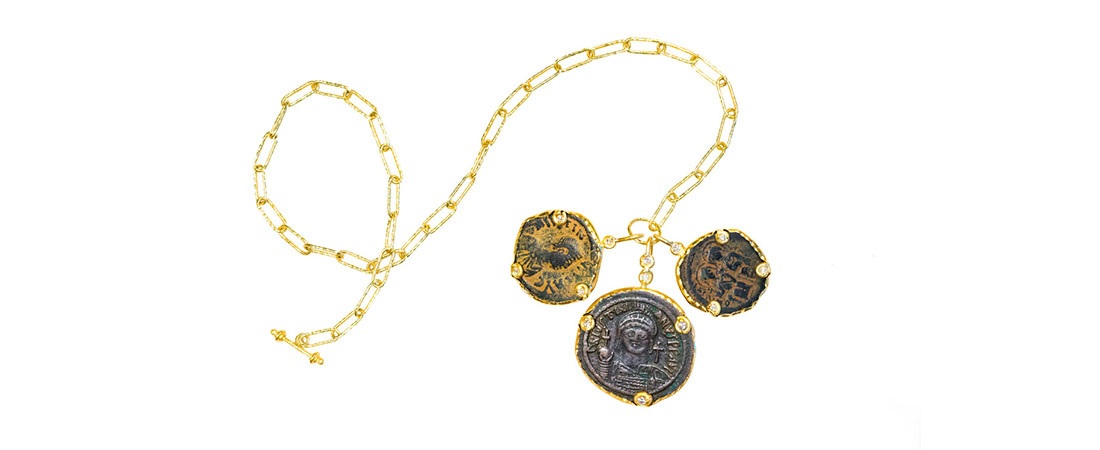 Three 22k gold ancient coin pendants with accent diamonds on a 22k gold handmade "paperclip" chain necklace.