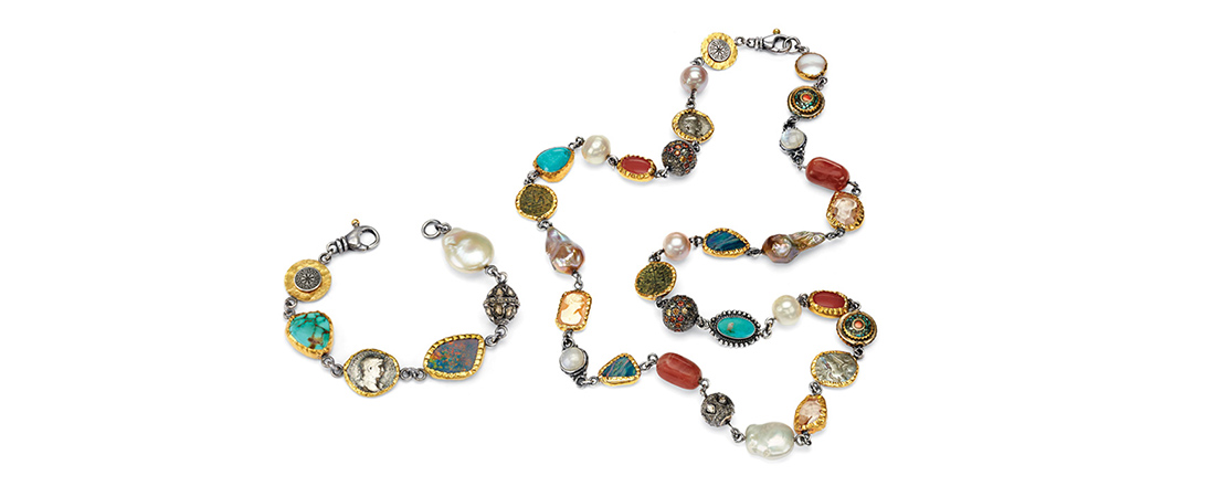 Bohemian necklace and bracelet set with sterling silver, 24k gold, ancient coins, pearl, turquoise, cameos, and opal.
