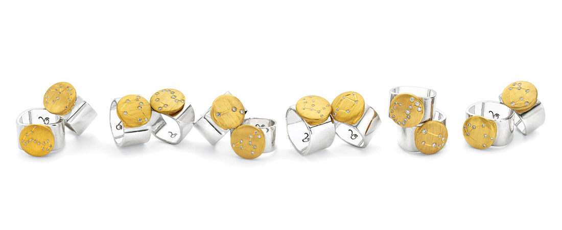 Rings are made from 22k gold disc atop a sterling silver band features glittering high-quality diamonds outlining each of the 12 star sign constellations.