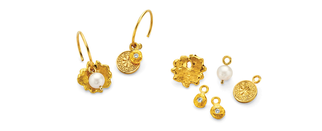 Interchangable 22k gold hoop earrings with diamond, pearl and Ixthus symbol charms.